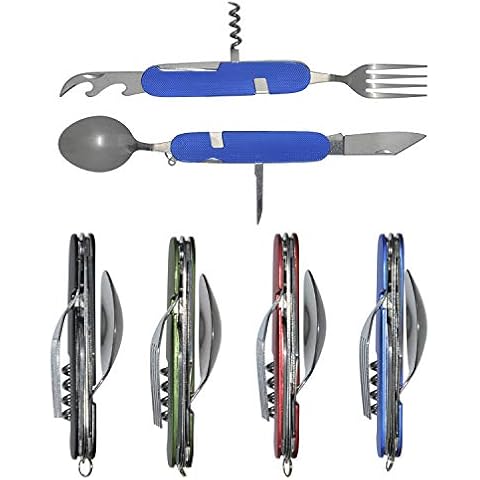 UNCLE JAKE 4 Set 6-in-1 Camping Utensil Stainless Steel Fork Knife Spoon Bottle Opener, Travel Cutlery Hobo Set with both hands Cover