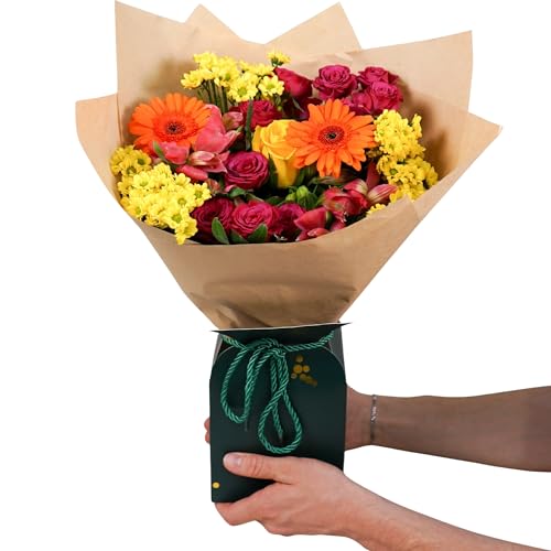 Fleur De Luxe Vibrant Charm Giftbox - Bold Bouquet with Yellow Roses, Cerise Spray Roses, Santini, Pink Alstroemeria, Orange Germini