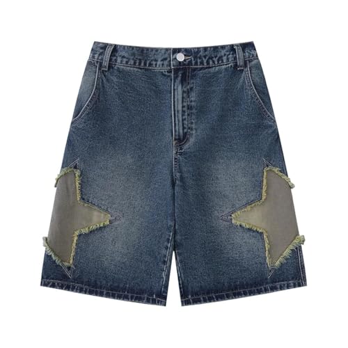 OATSBAS Men's Star Patchwork Denim Shorts Summer Wide Leg Loose Hip-hop Fashion Streetwear Jeans Shorts (XL,X-Large)