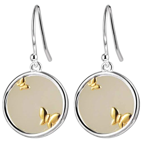 Boucles d'oreilles pendantes vintage papillon jade blanc argent 925 plaqué or pierre