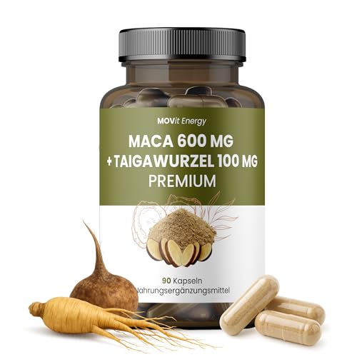 MOVit Maca 600 mg mit Taigawurzel 100 mg, Premium 2in1 Komplex, Für Energie, Vitalität, Fruchtbarkeit & hormonelles Gleichgewicht, Vegetarisch - 90 Kapseln