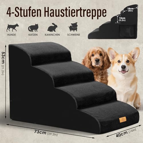 Thihome Hundetreppe für Kleine Hunde, 4 Stufen Haustiertreppe mit Abnehmbarem, Hochdichtem Schwamm Hunderampe mit Waschbarem, Hunde Treppe für Bett und Sofa (Schwarz)