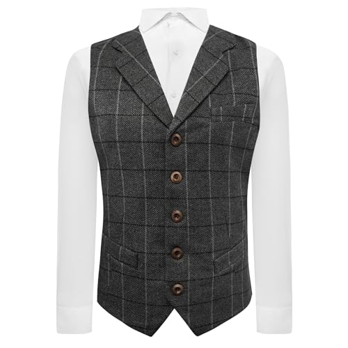 Image of King & Priory Graphite Grey Herringbone Check Waistcoat with Lapel (Small | 36in Chest)