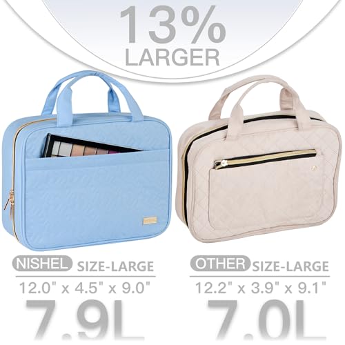 Image of NISHEL Travel Toiletry Bag for women, Portable Hanging Organizer for Full-Sized Shampoo, Conditioner, Brushes Set, Travel-Size Accessories, Placid-Blue, Large, Stylish