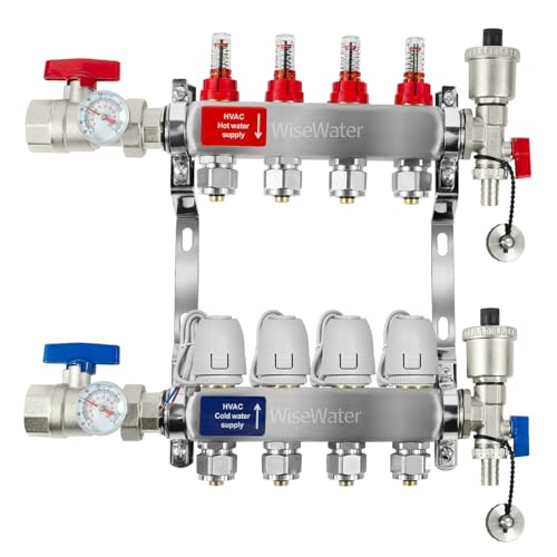 WiseWater 4 Loops Pex/Radiant Manifold with 2 Wire 24V Electric Thermal Actuator, ½ Inch Compatible Outlets, Up to 1.4 GPM Water Manifold for Hydronic Radiant(1/2" connectors included)