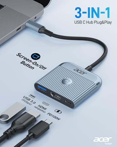 Acer Adattatore da USB C a HDMI, adattatore HDMI 4K@60Hz con 100W PD, porta USB A 3.0, adattatore multiporta USB-C Digital av per MacBook, iPad, iPhone 15, tablet, Switch e altri dispositivi USB-C - Hub USB - Immagine 1