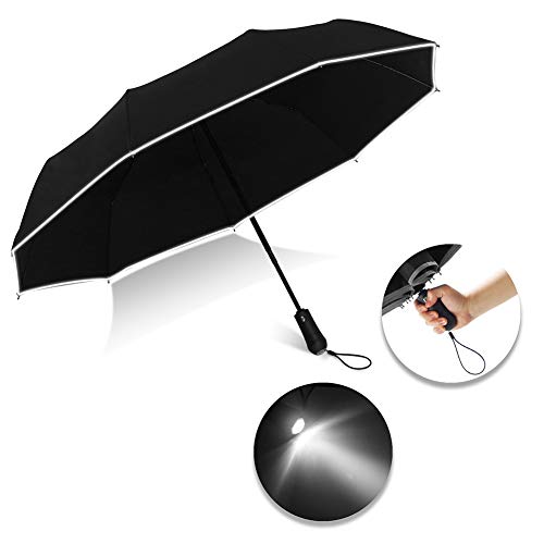 Preisvergleich Produktbild SUIYI Taschenschirme 9 Bones Winddichter vollautomatischer Reiseschirm mit LED-Beleuchtung Unzerbrechlicher kompakter Leichter Regenschirm für Männer Frau,Schwarz