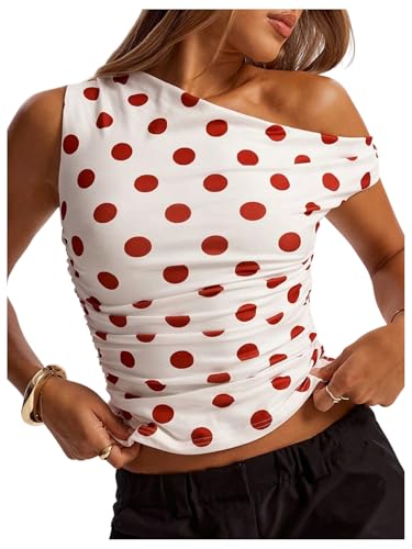 MakeMeChic Women's Polka Dots Asymmetrical Neck Tee Shirt Ruched Slim Fit Crop Tops