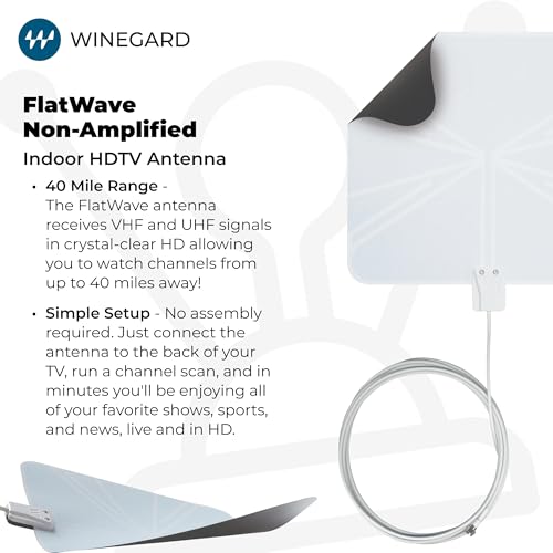 Image of Winegard FL-5000 Indoor HD Antenna FlatWave - Non-Amplified VHF /UHF Indoor TV Antenna-Over-the-Air Reception-40 Mile Range-NextGen TV Compatible Ultra-Thin-Dual Color Easy Setup-For Metro Areas