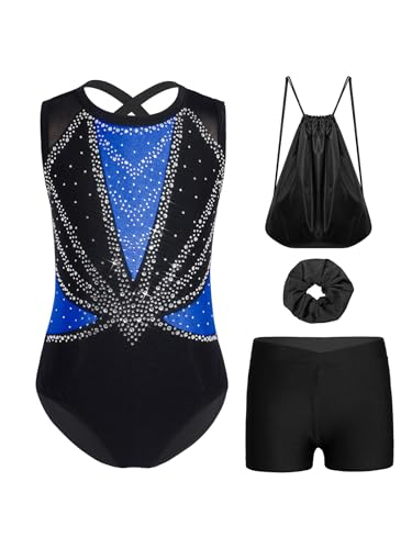 Miutii 4Pcs Mädchen Turnanzug Glitzer Gymnastikanzug mit Shorts Haarband Rucksack Ärmellos Ballettanzug Wettbewerb Tanzkostüm Bd Blau 134-140