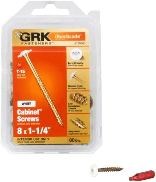 GRK Fasteners #8 x 1-1/4 Inch White Low-Profile Cabinet Screws, 80 PCS, Indoor/Outoor Climatek® Coating, Washer Head, W-Cut™ Fast Drive Threads, Star Drive Recess, T-15 Bit Included, White