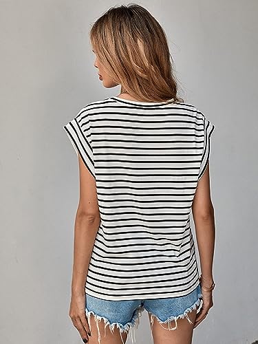 Floerns Women's Casual Stripe Print Cap Sleeve T Shirts Round Neck Tee2