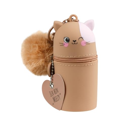 Lulubug Schlüsselanhänger Kinder Tiere Miezy | Mini Silikon Anhänger mit Puschel & Namensschild | Abwaschbar | Für Schlüsselbund Ranzen Rucksack Jacke | 5 x 5 x 10 cm