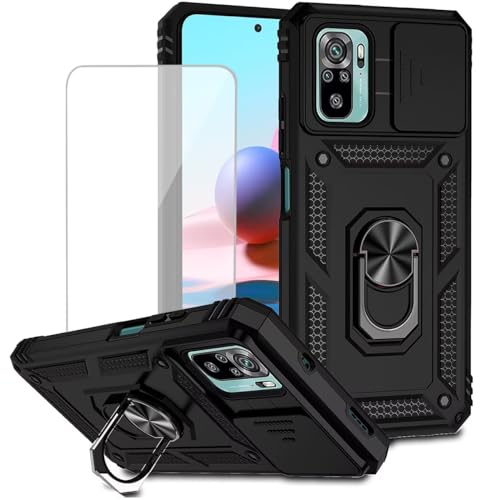 Yodueiv for Redmi Note 10/Redmi Note 10S/Poco M5S Case with Tempered Glass Screen Protector and Slide Camera Cover, Magnetic Ring Car Mount Holder Protective Cover for Xiaomi Redmi Note 10S Black