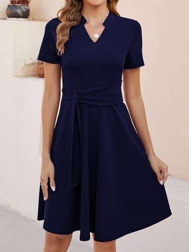 Mokayee Womens Summer Short Sleeve V Neck Fit and Flare A Line Business Casual Wedding Guest Work Dresses with Pockets - Image 4