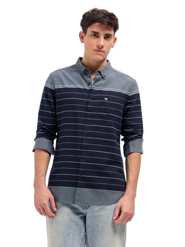 Image of THE BEAR HOUSE Men Button-Down Collar Horizontal Striped Cotton Slim Fit Casual Shirt