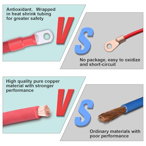 Image of 2 AWG Flexible Battery Cable with 5 /16 inch Terminals - OFC Pure Copper Inverter & Welding Wire for Automotive Solar RV Motorcycle (Red + Black 1.5FT Pair)