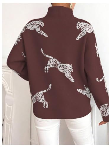 Image of WDIRARA Women's Leopard Tiger Print Sweater High Neck Long Sleeve Fuzzy Knitted Pullover Top