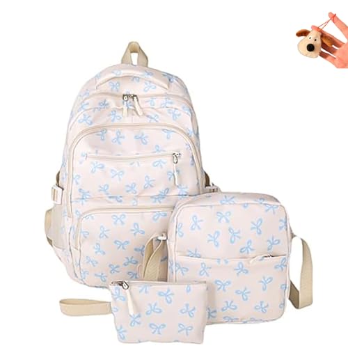 3pcs Set Bow Backpack For Girls, College Style Large Capacity Nylon Bow Bookbag Set With Bow Pattern (White Blue)