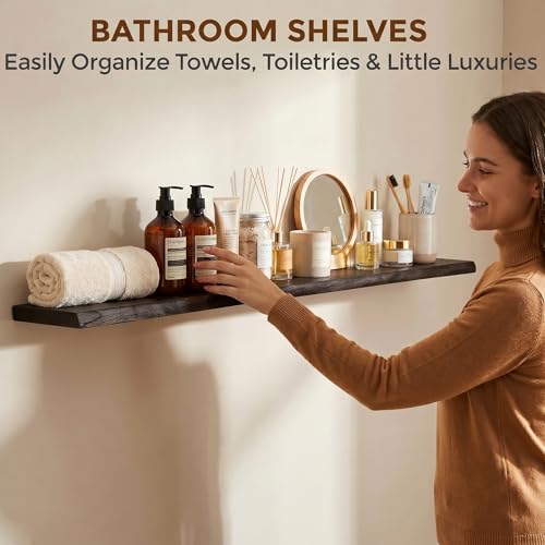 Image of Dreamland 72 Inch Floating Shelves for Wall, Solid Elm Wood Live Edge Wall Shelves for Living Room, Bedroom, Kitchen, Bathroom, Wall Mounted Long Floating Shelf Set of 1, Walnut