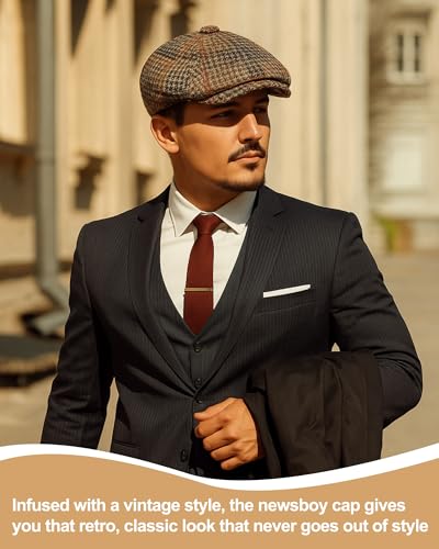 Image of Suhine 6 Pcs Newsboy Cap for Men Octagonal Hat 8 Panel Wool Blend Beret Flat Tweed Adjustable 22 to 24 Inch