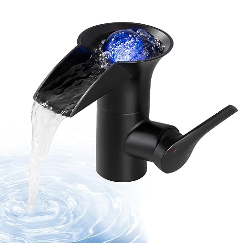 SKOWLL Robinet De Salle De Bains à LED, Robinets De Lavabo à Jet Cascade Noir Mat, Robinet De Lavabo à Poignée Unique à Montage Sur Plan, à Un Trou