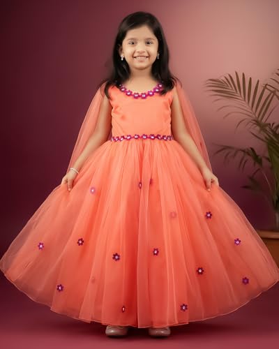 Image of Stanwells Kids Dress for Girls Embroiderd Full Length Frock for Baby Girls Flower Gown Ruffle Pattern Back Zipper Beautiful Sleeveless Birthday Dress for Girls Coral (1-9 Years)