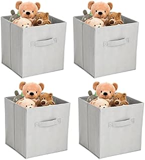Holdfiturn 4Pcs Fabric Storage Box Collapsible Storage Baskets Cube Foldable Canvas Organiser Boxes Storage Bins for Clothes Books Toys Sundries 28 x 28 x 28 cm (Pure Gray)