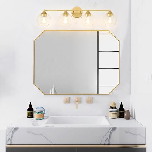 Image of Brushed Gold Bathroom Light Fixtures,4-Light Vanity Lights with Clear Glass,Mid Century Modern Bathroom Light Fixture Over Mirror