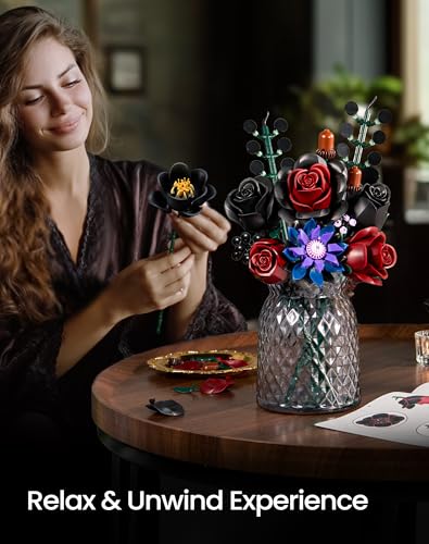 Image of iATOM Black Burgundy Red Rose Bouquet Building Set, Compatible with Lego Flowers for Adults - Halloween Botanical Collection - Gothic Artificial Flowers Home Decor - IA11015