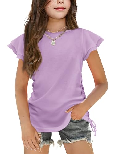 Image of Arshiner Girls T Shirts Ruffle Short Sleeve Ruched Knot Side Tunic Blouse Summer Tee Tops