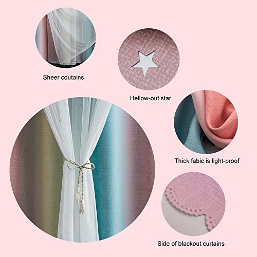 Fanli Ombre Rainbow Blackout Curtains For Kid Girls Bedroom Living Room Darking Stripe Double Layer Star Cut Out Wall Home Decor Gradient Grommet Window Curtains (Pink/Blue, 52W X 63L)… #TOP2