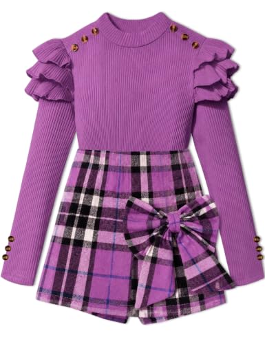 Image of Girls Clothes 2 Piece Ruffle Long Sleeve Shirt Top and Bow Plaid Skirt Set Girls Fall Winter Outfits 6-16 Years