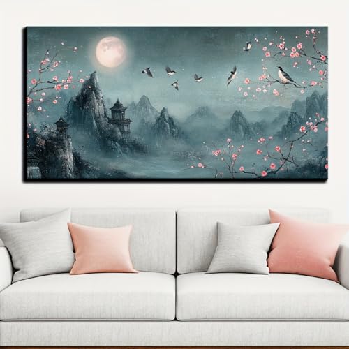 Tableau paysage de montagne et pagodes pour salon zen 60x123 cm