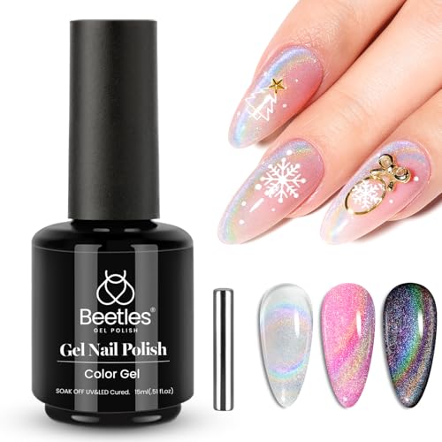 Image of Beetles Prismatic Christmas Cat Eye Gel Nail Polish - 15ML Christmas Silver Glitter Rainbow Cat Eye Gel Polish with Magnet Soak Off UV Velvet Nail Polish Salon DIY Manicure Winter Gift for Women