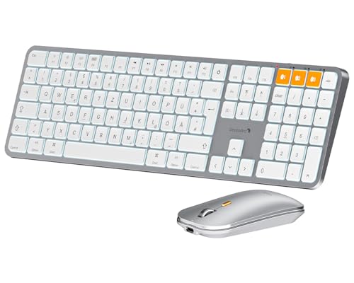 ProtoArc KM100-A Beleuchtet Tastatur Maus Set Kabellos für Mac, Bluetooth QWERTZ Funk Tastatur mit Maus, Wireless Flach Keyboard Multi-Gerät für MacBook Pro, MacBook Air, iPhone, iPad, Weiße