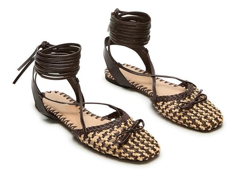 Image of Woven Ballet Flats for Women Lace Up Closed Square Toe Summer Sandals Dressy Shoes