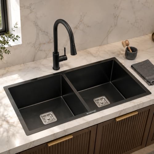 Image of BASINQU Kitchen Sink 32x18x10 Inch Handmade Double Bowl Sink for Kitchen Basin Black 304 Grade Stainless Steel Brushed Matte Finish Including Coupling Fruit Tray Hose Pipe Kitchen Sinks