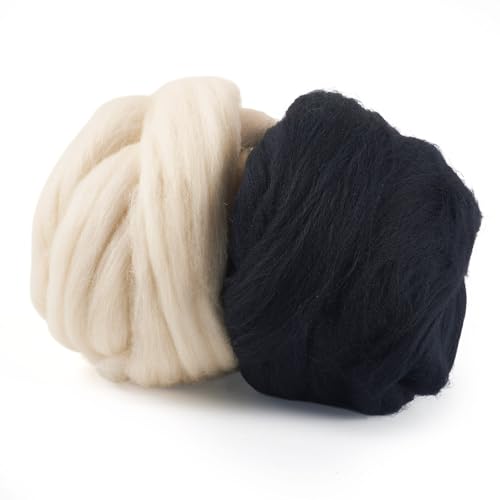 Image of Magibeasd 3.53 oz Wool Roving for Needle Soft Felting Nature Wool Black and White Chunky Yarn for Beginners Felted Handmade Crafts DIY Materials Hand Spinning Supplies