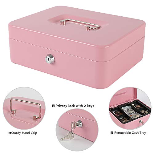 Xydled Locking Steel Large Cash Box With Removable Coin Tray And Key Lock,9.84"X 7.87"X 3.54",Pink #TOP5