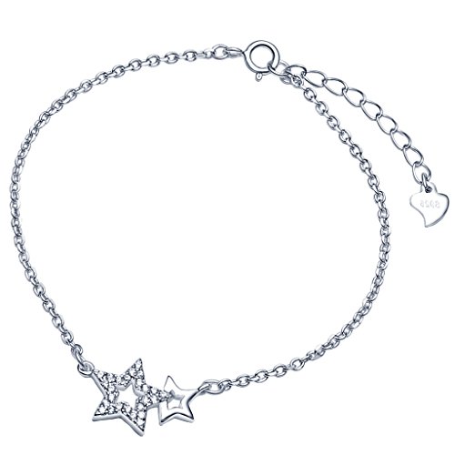 Yumilok Bracelet extensible femme en argent 925 et zirconium blanc d'argent deux étoiles brillants se lient la chaîne de maillon élégant