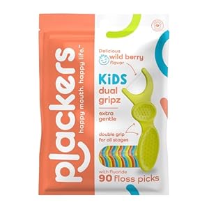 Plackers Palillos de hilo dental Dual Gripz para niños con mango de doble agarre, sabor a bayas silvestres, 90 unidades