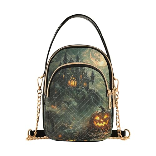 Womens Shoulder Purse Halloween Spooky Pumpkins House Quilted Phone Handbag Small Chain Purse Cute Zipper Satchel Crossbody Tote, 5.9