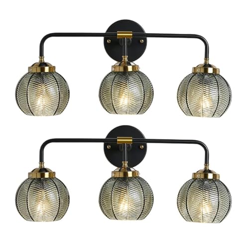 Image of Thick Glass 3-Light Bathroom Vanity Lights Vintage Farmhouse Sconce | Ribbed Smoky Gray Globe Lamp Shade Mid Century Black Gold Bathroom Vanity Lights Fixtures art deco Dining Room above mirror