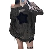 Y2k Fashion Emo Shirts Grunge Clothes Goth Clothing Vintage Clothes Off The Shoulder Long Sleeve Top 2000s Fashion (Large,Grey)