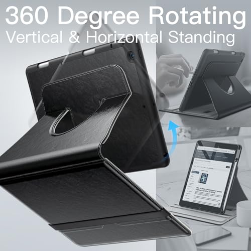 JETech 回転ケース iPad 9/8/7用 (10.2インチ、2021/2020/2019モデル、第9/8/7世代) Pencilホルダー付き 360°回転 PUレザー フォリオ保護カバー (ブラック)