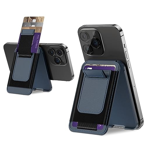 for MagSafe Wallet Stand with Strap, Alfuvcona 2-1 Adjustable Leather Magnetic Wallet Stand Compatible with MagSafe, Strong Magnetic Phone Wallet Stand for iPhone 15/14/13/12 Series,Fit 7-8 Cards-Blue