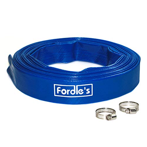 Fordle’s 10m x 25mm Diameter Layflat Discharge Hose Pipe Compatible with Submersible Water Pump – Blue PVC Reinforced with Polyester– Includes 2 Clips