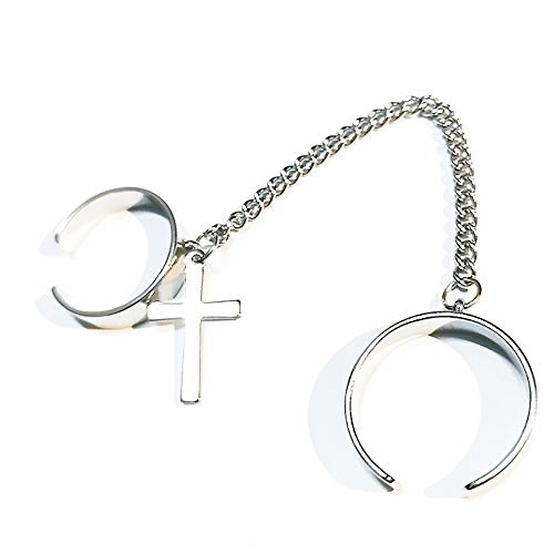 Rings For Men With Chain Cross Adjustable Open Goth Kpop Punk Trendy Mens Double Finger Ring Jewelry For Teens #TOP4