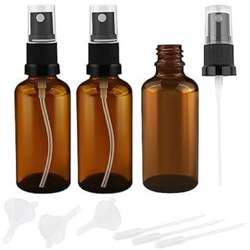 Oulesvte 3 flaconi spray in vetro marrone, 50 ml, piccolo vetro con imbuto e gocciolatore, flaconi spray ricaricabili, vuoti, atomizzatori, portatili, piccoli flaconi spray per famiglia, regali